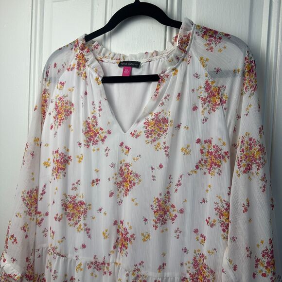 Vince Camuto Mini Dress Womens XXL White Floral Ruffle Cottage Lined V-Neck Plus - Picture 2 of 9